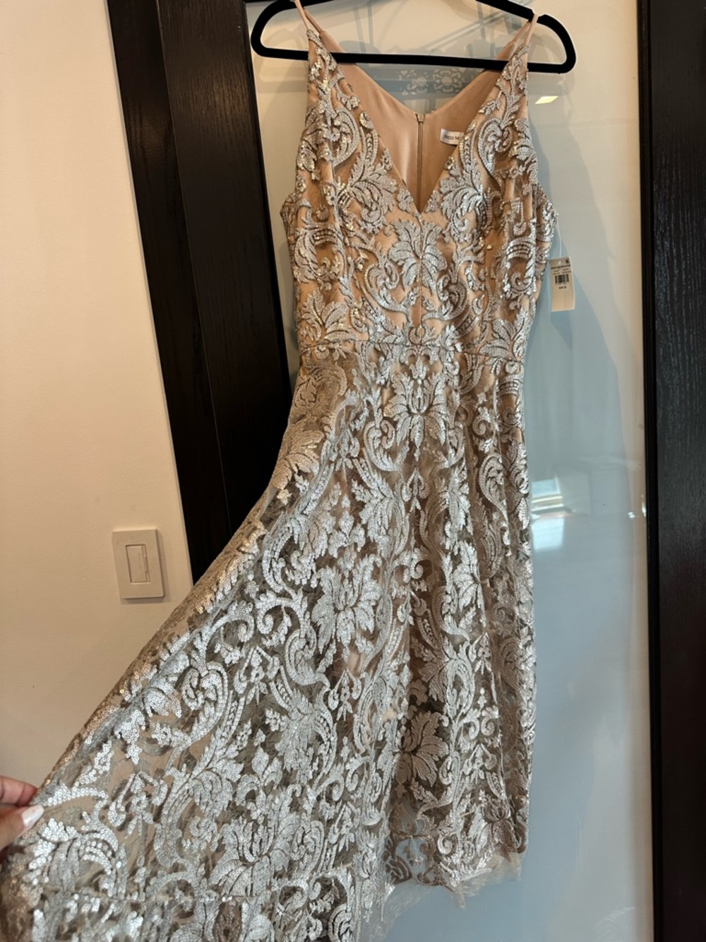 Embellished Beige Lace A-Line Dress